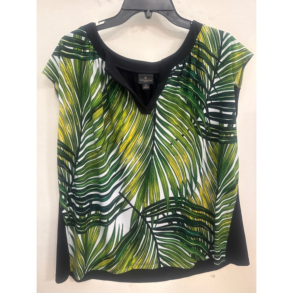 Worthington Woman Tropical Palm Print Blouse Green Black 1X Split V-Neck Top